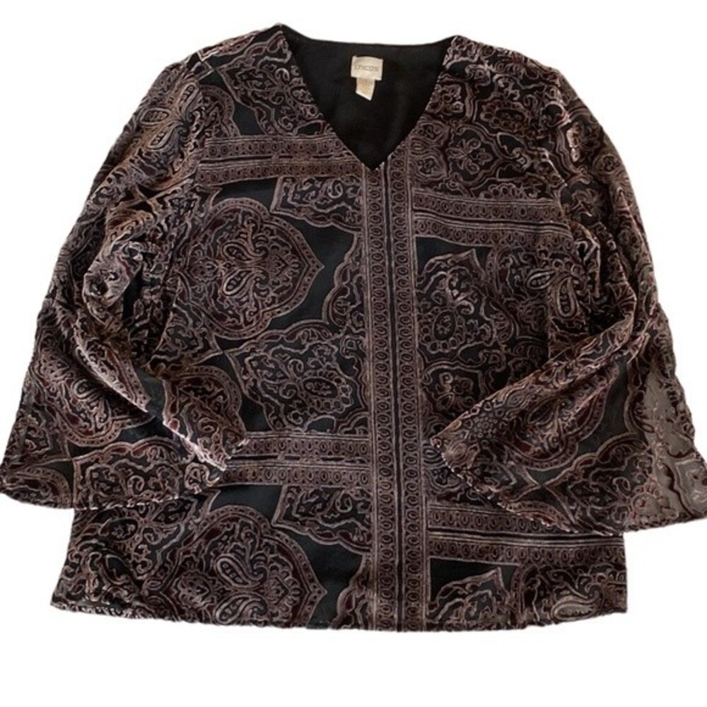Chico's Victorian Medallion Burnout Velvet Black & Taupe V-Neck Tunic Top - M